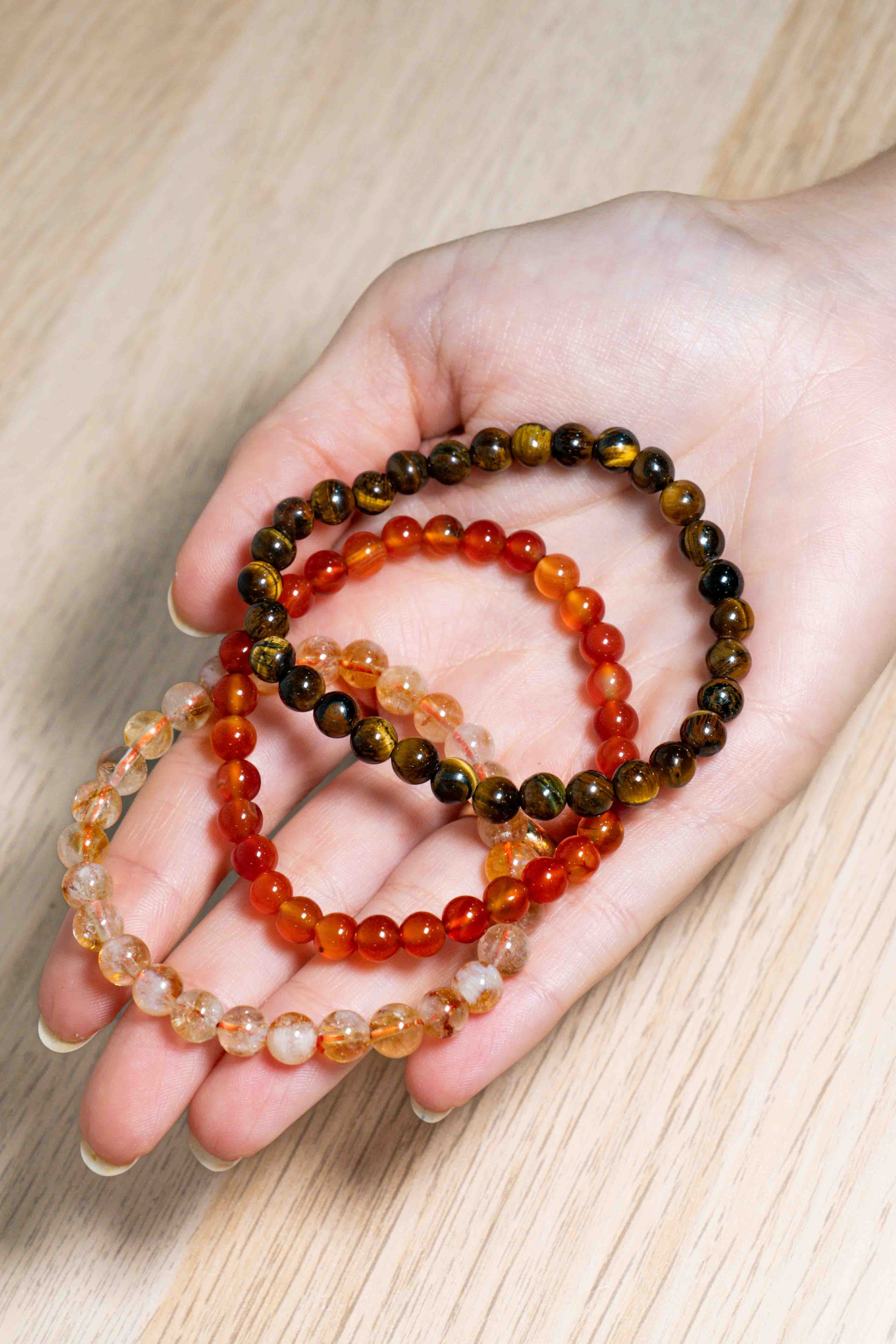 Pack de Pulseras para la Confianza y el Poder Interior - Ojo de tigre, Citrino y Cornalina 6mm