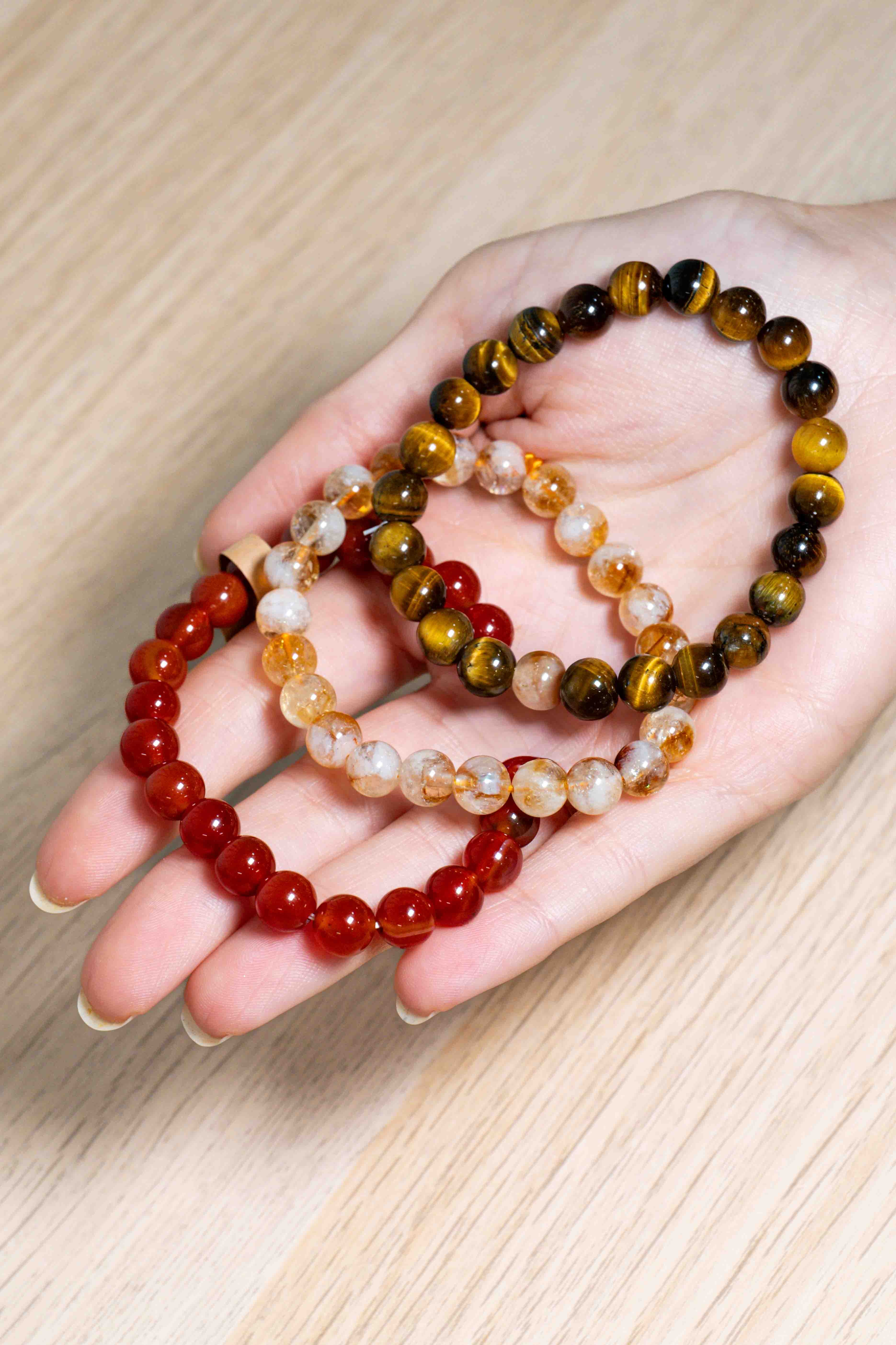 Pack de Pulseras para la Confianza y el Poder Interior - Ojo de tigre, Citrino y Cornalina 8mm